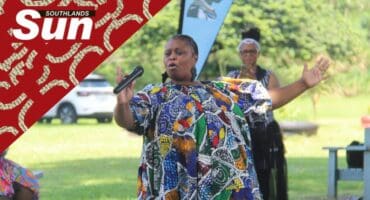 Mpume Ndlovu performs a story for the learners.