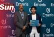 Emeris Durban north’s Jorryn Panjasuran accepts his Full Stack Impact Award from campus head at Emeris Durban North Rajesh Chandarman.