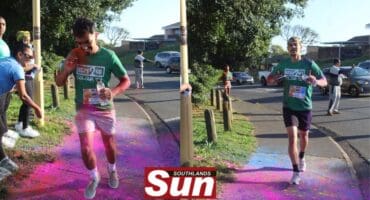 David Zietsman and Alex Dunn both embrace and duck the colour as they take the final turn.
