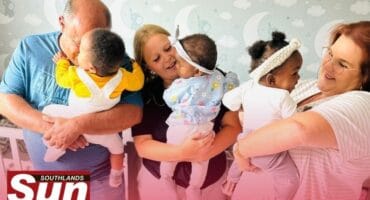 Clive, Cheyenne and Caileen Flemming with the babies in their home.