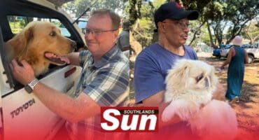 Wayne Ormshaw and Gilbert Kiewiets with their pets Buddy and Waffles.