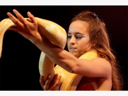 Karen with an albino python.