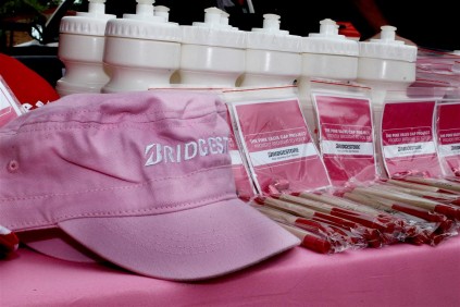 Some of the pink merchandise handed to customers who bought the pink valve caps from Mathew Riddle.