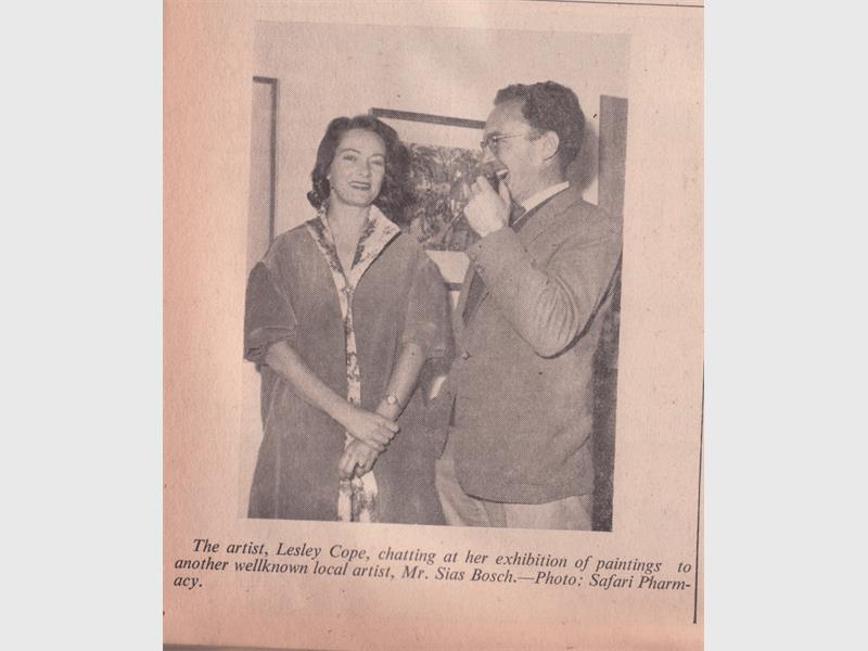 At an opening night in 1963 is the great South African ceramist, Essias Bosch with the artist Lesley Cope, originally from Cape Town where she was married to the South African writer Jack Cope. Both of these artists later lived, worked and died in the Lowveld.