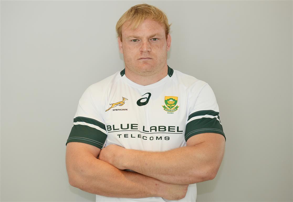 160606 Adriaan Strauss in the Blue Label Telecoms branded Springbok Jersey (Medium)