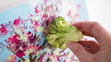 Fun stamped tree painted with broccoli