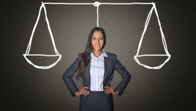Businesswoman on Gray with Justice Scale Drawing