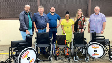 The Sunbake management team hands over the wheelchairs to the Meyer Beukes of the Warriors on Wheels Foundation. Pictured are Zazi Gumbi (HR), Martin van der Merwe (commercial manager), Reggie de la Hunt (production manager), Monica Mogane (director), Kylah Beukes (managing director, Meyer Beukes Foundation) and Gustav Scholtz (general manager).
