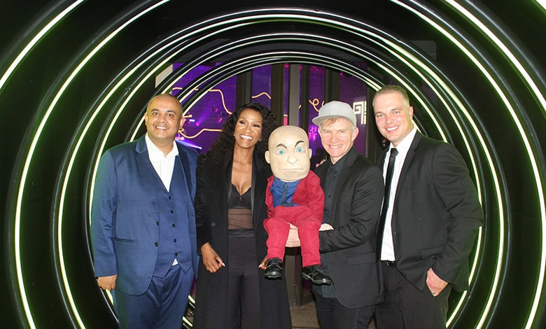 Alfred Adriaan, Pricilla Metsi, Conrad Koch, with special guest puppet Chester Missing, and the General Manager of Dwarsrivier, De Wet Pretorius.