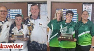 Left: The men's trips winners, Danie Theron, Werner Gouws and Jimmy Smith. Right: The ladies winners - Karien Greyvensteyn, Annette Stassen and Martie van Heerden. > Photos: Supplied/Charles Davies
