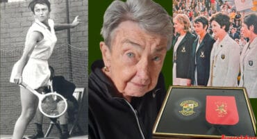 Pat Pretorius in action during the 1972 Federation Cup final, and Pretorius pictured more recently. > Photos: Supplied/Sue Prior