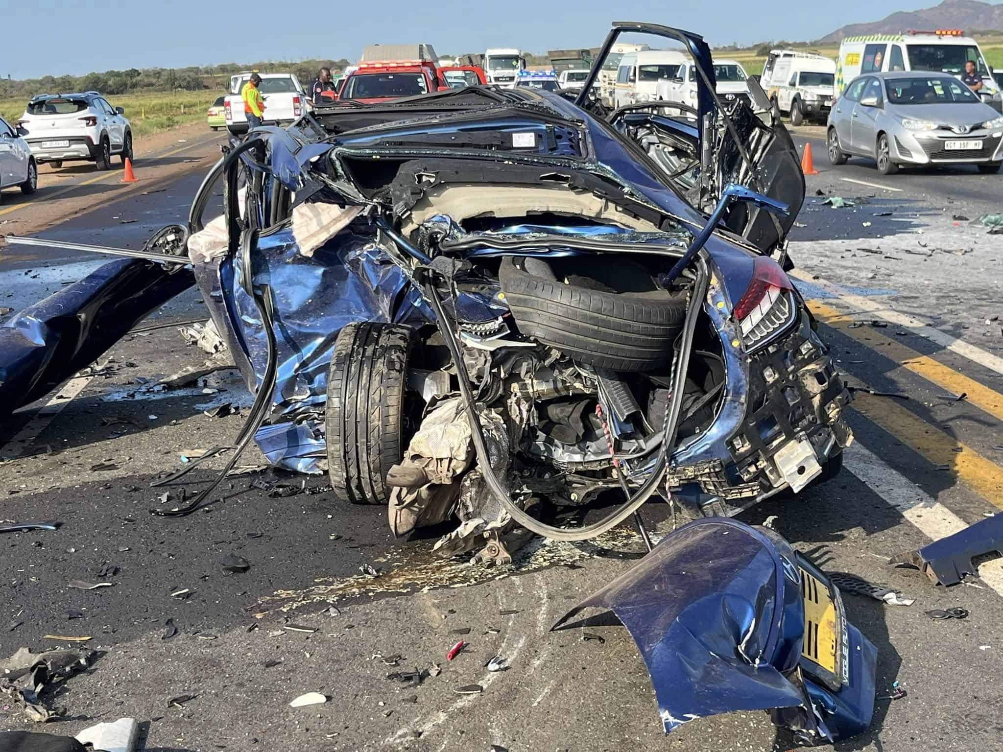 The crashed Mercedes-Benz at the accident scene. 