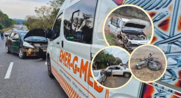 The accident scene. Inserts: The wreckages of the motobike and three the vehicles involved. > Photos: Supplied/Martin Jeffrey