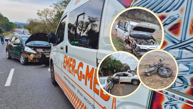 The accident scene. Inserts: The wreckages of the motobike and three the vehicles involved. > Photos: Supplied/Martin Jeffrey