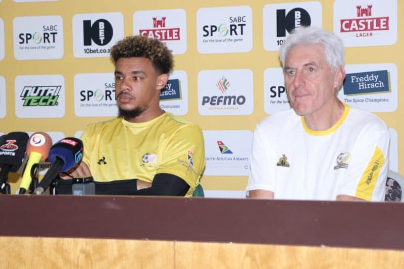 Bafana Bafana captain Ronwen Williams and head coach Hugo Broos in a press conference prior to Monday's training session. > Photo: Blake Linder