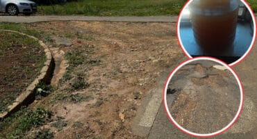 A dilapidated road in Emgwenya. Inserts: Dirty water and a pothole-ridden street in Emgwenya. Photos: Supplied