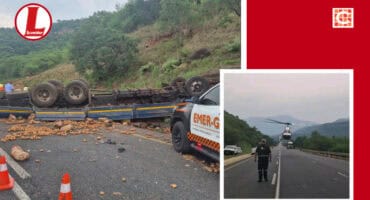 The truck that overturned on the N4. > Insert: The chopper had to land on the N4 to transport the injured truck driver. >Photos: Emer-G-Med