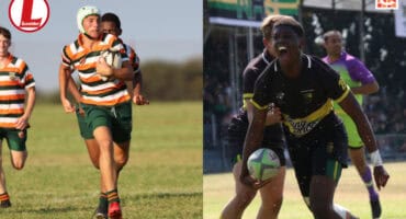 Aiden van Heerden in action for Rob Ferreira's U16 team and Rhandzu Mkhabela celebrates a try for NHS's U16s. > Photo: Blake Linder