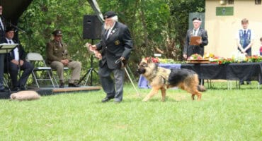 Dougy Kevin, a dog handler, walks with his dog, Bullet.