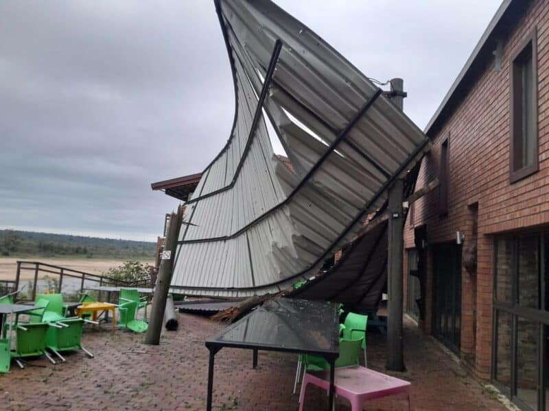 The broken roof at the restaurant.