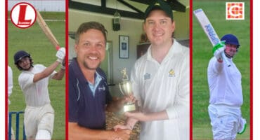 LVCC captain Gavin Kirby receives the trophy from Potts captain Sean Cresswell. Insets: Jared Bone and Tristan Parnell. > Photos: Supplied