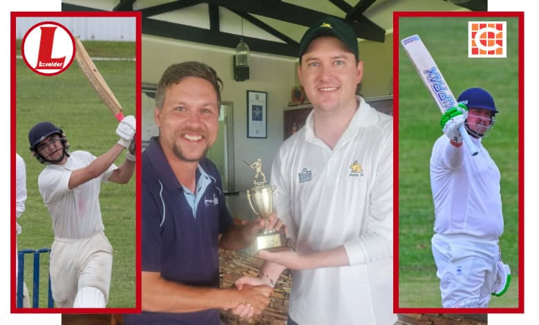 LVCC captain Gavin Kirby receives the trophy from Potts captain Sean Cresswell. Insets: Jared Bone and Tristan Parnell. > Photos: Supplied