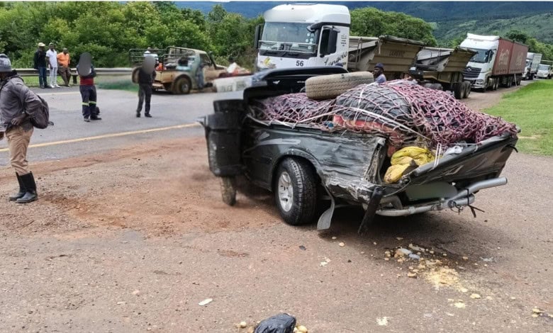 A damaged bakkie at the scene. 