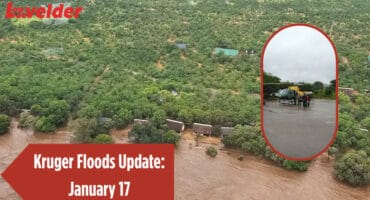 Shimuwini camp. Insert: A SANParks chopper airlifts guest and staff at Crocodile Bridge Rest Camp.