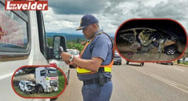 A police officer works at a roadblock. Insert: Two accident scenes over the festive period. > Photos: Mpumalanga SAPS/Emer-G-Med/DCSSL