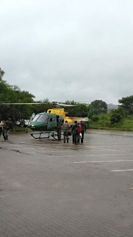 A SANParks chopper airlifts guests and staff at Crocodile Bridge Rest Camp.