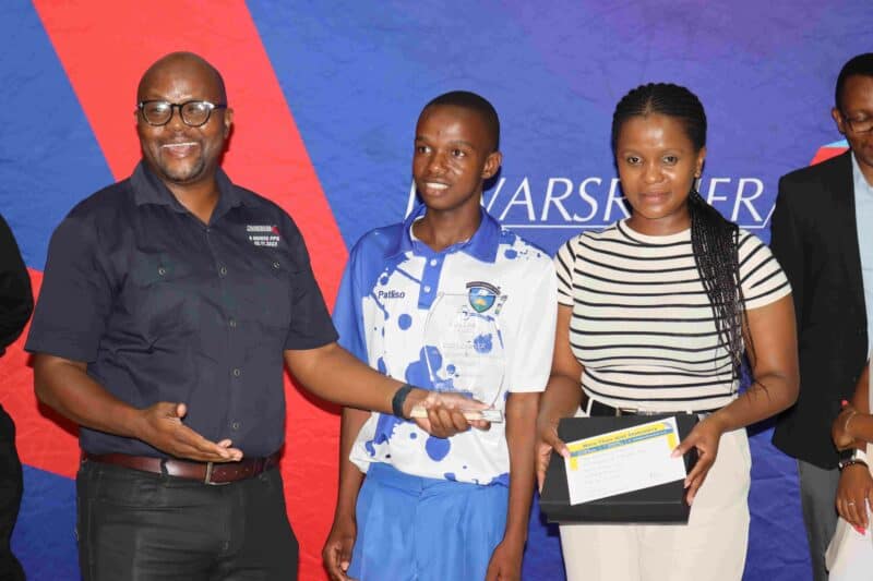 DCM’s Remember Mmbengwa with top achiever Patliso Mokobake and Boleng Trust’s Boitshwarelo Matundu.