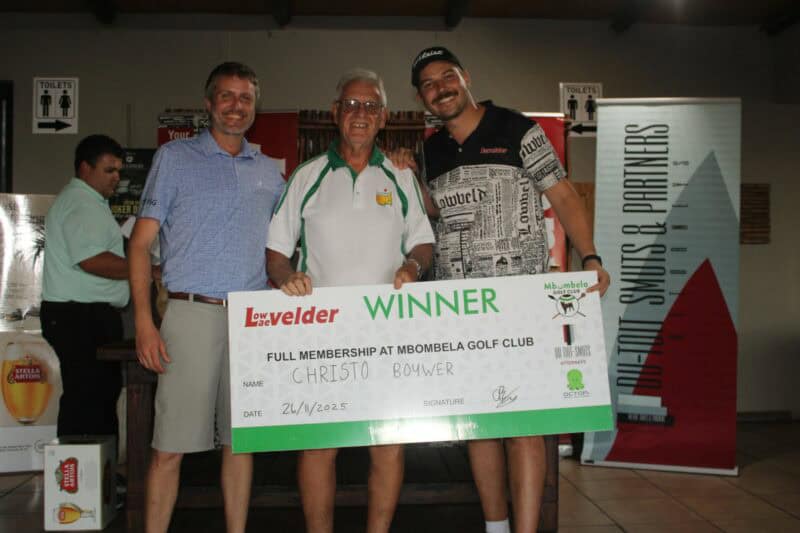 Wiekus Roos of Du Toit-Smuts and Partners Attorneys, the 2025 champ, Christo Bouwer, and Lowvelder editor, Stefan de Villiers. > Photo: Mark Kinnear