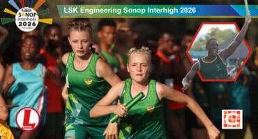 Lydenburg twins Annerie and Karlien van Heerden. INSET: Siboniso Mahlangu finishes the boys U19 relay to seal a Middelburg victory. > Photos: Blake Linder
