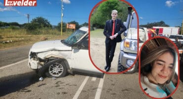 The damaged Land Rover. Insert: Tristan Jansen van Vuuren and Bianca Nortjé. > Photos: Supplied/Sourced