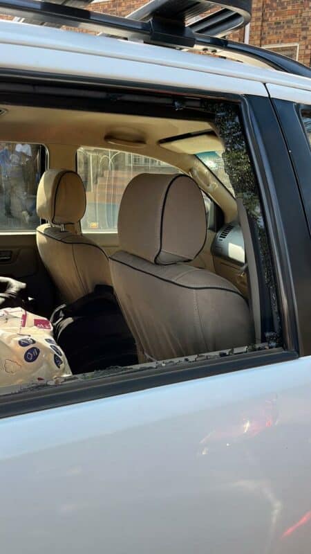 A shattered back window.
