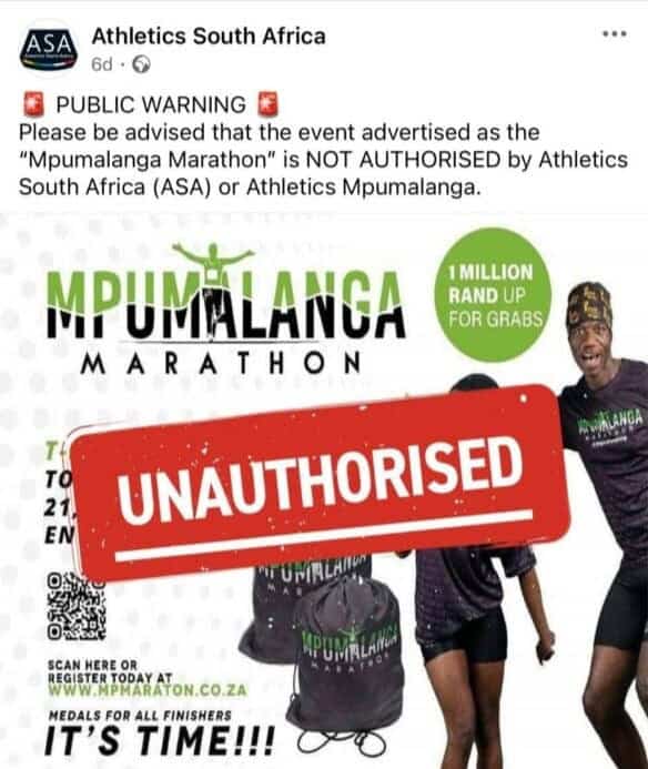 A screenshot of the ASA social media pages that show the Mpumalanga Marathon is unauthorised.