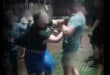 A screenshot from a video shows a man in blue tutus, believed to be part of the visiting bachelor’s party group, involved in a physical altercation. > Photos: Supplied