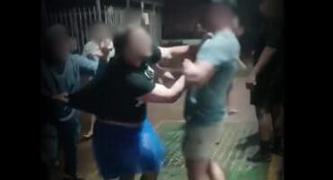 A screenshot from a video shows a man in blue tutus, believed to be part of the visiting bachelor’s party group, involved in a physical altercation. > Photos: Supplied