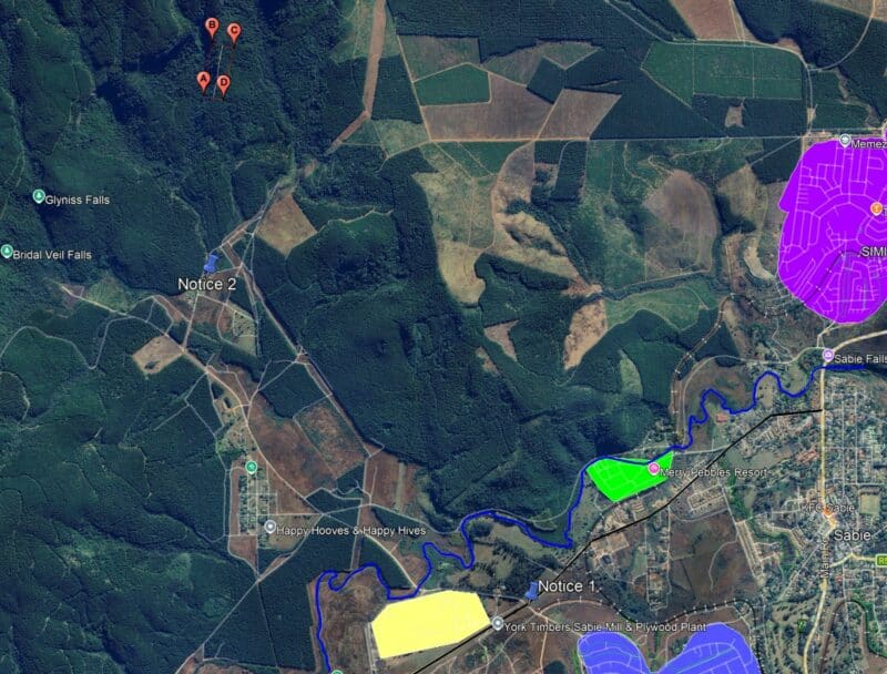 An aerial picture of the proposed mine site. The red dots A to D are where the mine will be. The vertical drop is 103m over a distance of 305m; thus, the gradient of the site is almost 34%. > Photo: Supplied/Signa Group