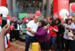 SPAR Sonpark store manager Kingsley Chidi with the winner, Emmah Ngomane. > Photos: Zané Botes