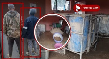 Main image: Equipment seized at an unauthorised gold processing facility. Insert: Gold-processing equipment and two suspects that were arrested. > Photos: Supplied/Mpumalanga SAPS