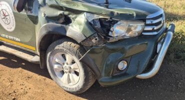 The damage caused after an elephant pierced the safari vehicle. > Photos: Sourced/The South Post at Kruger Facebook Page