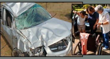 Angie Ferreira se voertuig na die ongeluk. Inlas: Angie Ferreira, Charmaine Ngomane en Cathy Reyneke kort nadat die gips van Angie se voete verwyder is. > Foto's: Verskaf/Angie Ferreira