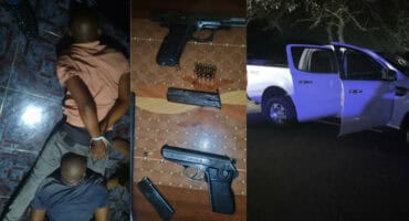 The detained suspects (left) were found in possession of firearms (centre) and a vehicle (right), which were seized. > Photo: Supplied/SAPS