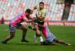 Jay-cee Nel and Lundi Msenge of the Pumas take on Tornike Kakhoidze of Black Lion. > Photo: Supplied/Johan Pretorius/Gallo Images