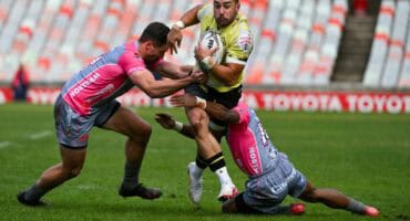 Jay-cee Nel and Lundi Msenge of the Pumas take on Tornike Kakhoidze of Black Lion. > Photo: Supplied/Johan Pretorius/Gallo Images