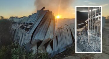 Main photo: The Skukuza warehouse that was destroyed by fire. Insert: Some of the equipment damaged by a fire at a Skukuza warehouse. > Photos: Supplied/ SANParks