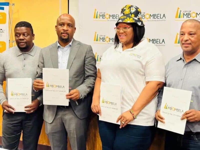 Kruger FC chairman Bongani Wati, municipal manager Wiseman Khumalo, executive mayor of the City of Mbombela, Cllr Sibongile Makhushe-Mazibuko and CEO of the Mpumalanga Rugby Union and the Pumas, Marius van Rensburg.