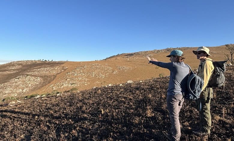 American geologists discuss the deformation of rock strata near Shiyalongubo Road.
> Photo: Supplied/L Webb