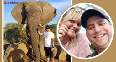 Kyle with the elephants at HERD. Insert: Kyle Malyon and Lauren Lewis. >Photos: Supplied
